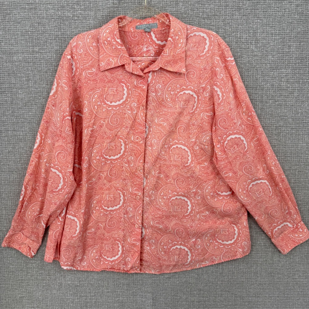 Foxcroft Paisley Button Front Blouse Womens 18W Pink Shape Fit Wrinkle Free